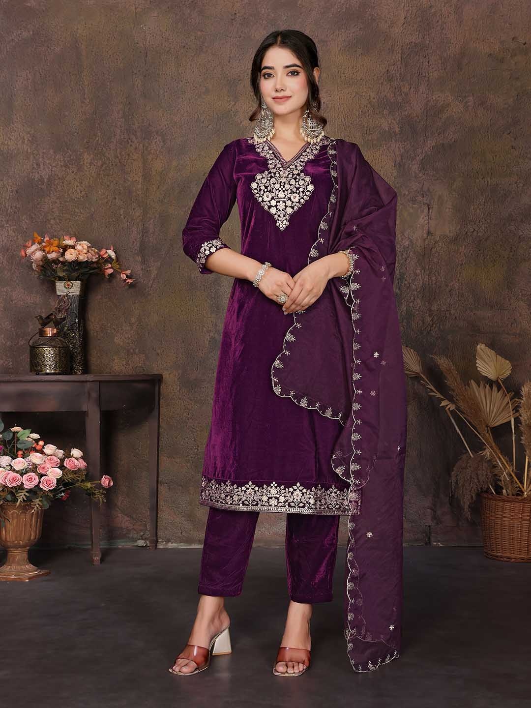 

Royal Export Women Embroidered Regular Velvet Kurta with Trousers & With Dupatta, Burgundy