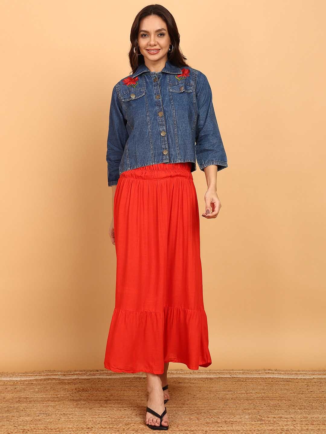 

VAHSON Round Neck Sleeveless Fit And Flare Dress With Denim Jacket, Red