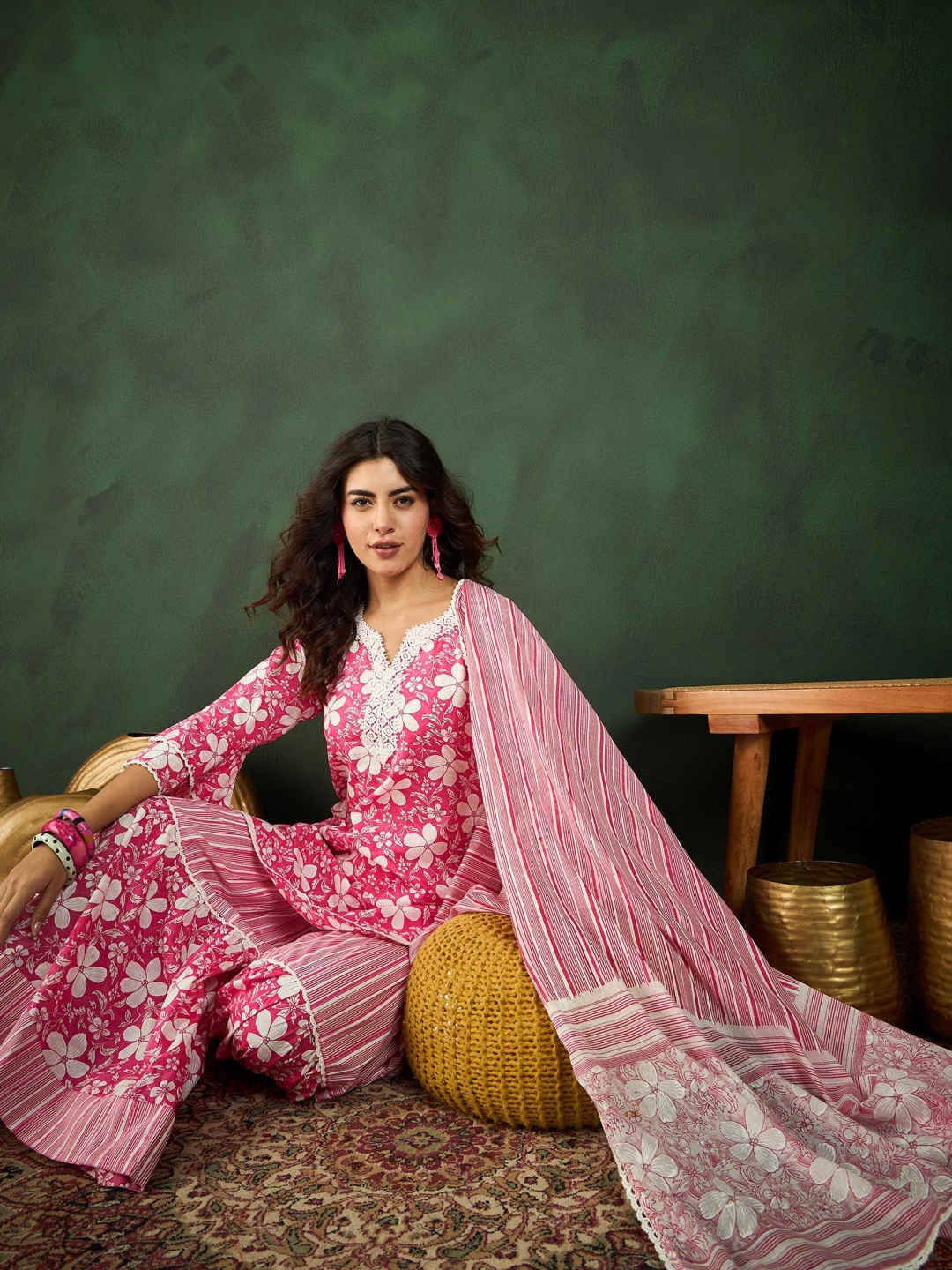 

Sangria Floral Printed Cotton Kurta, Sharara & Dupatta Set, Pink