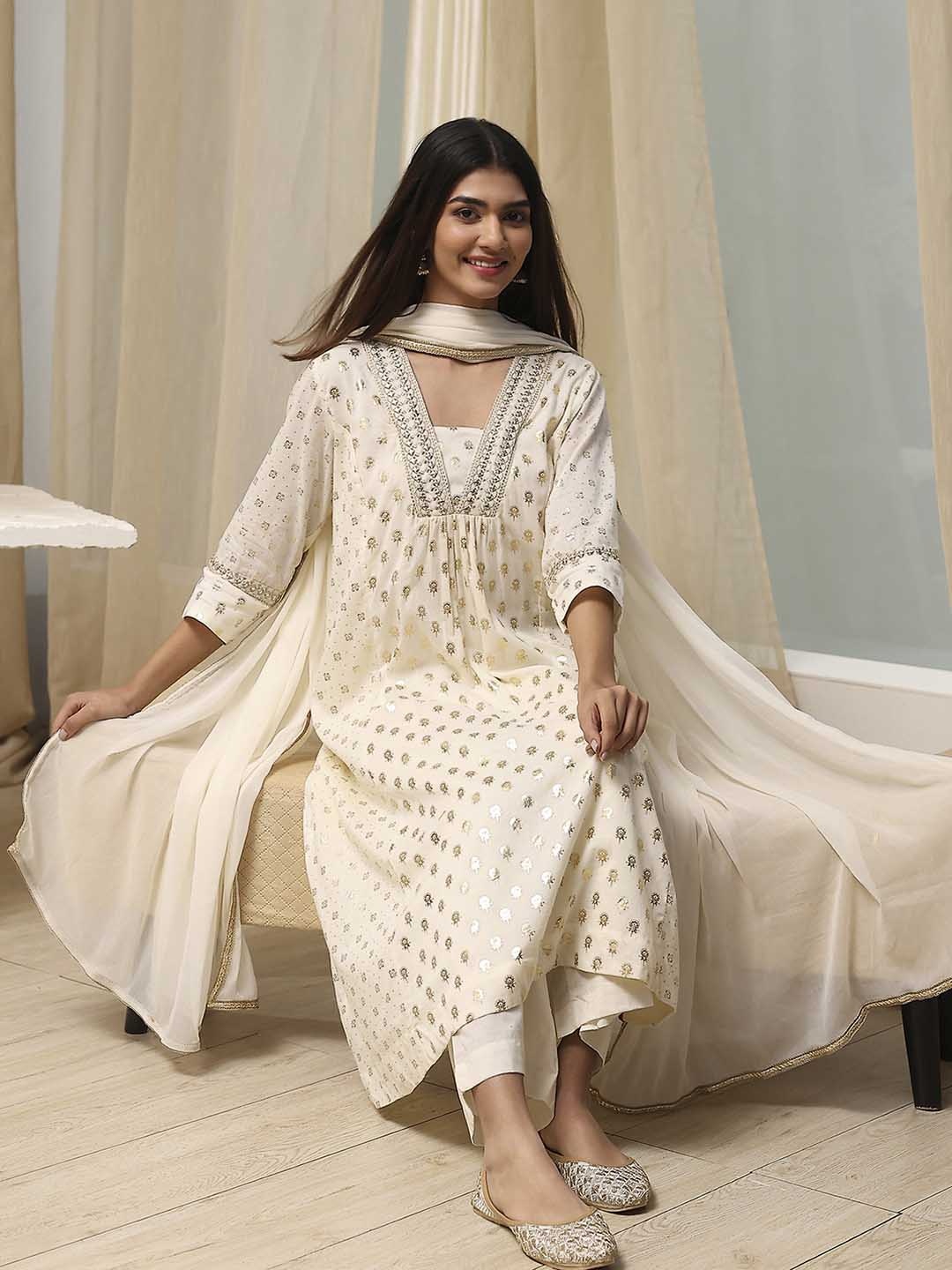 

Biba Women Regular Pure Cotton Kurta with Palazzos & With Dupatta, White