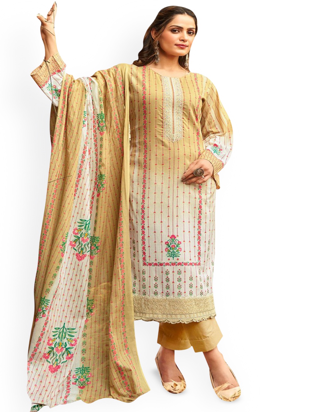 

DRAVINAM Trends Floral Embroidered Pure Cotton Unstitched Dress Material, Yellow