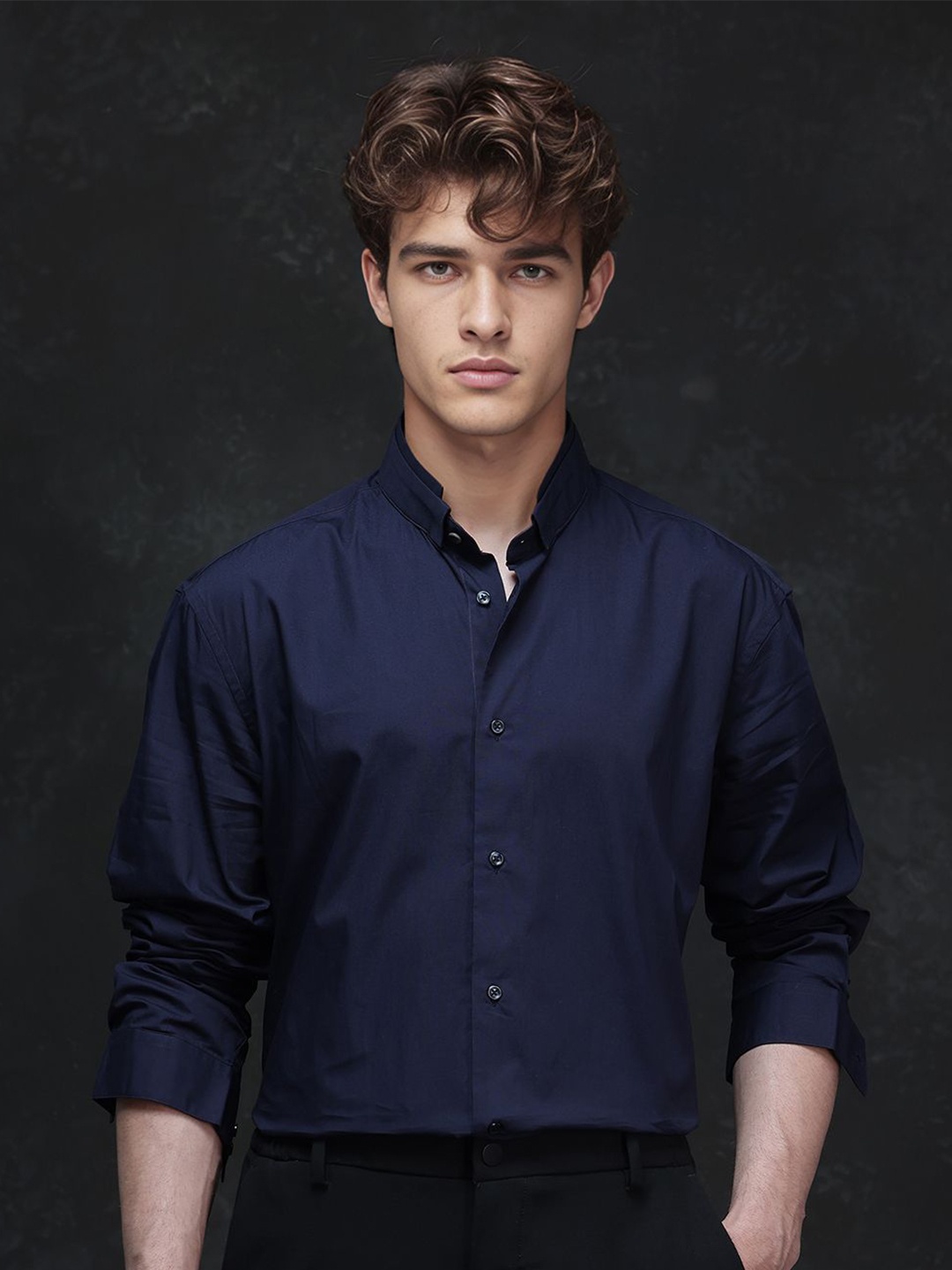 

RARE RABBIT Men Comfort Slim Fit Spread Collar Solid Cotton Formal Shirt, Navy blue