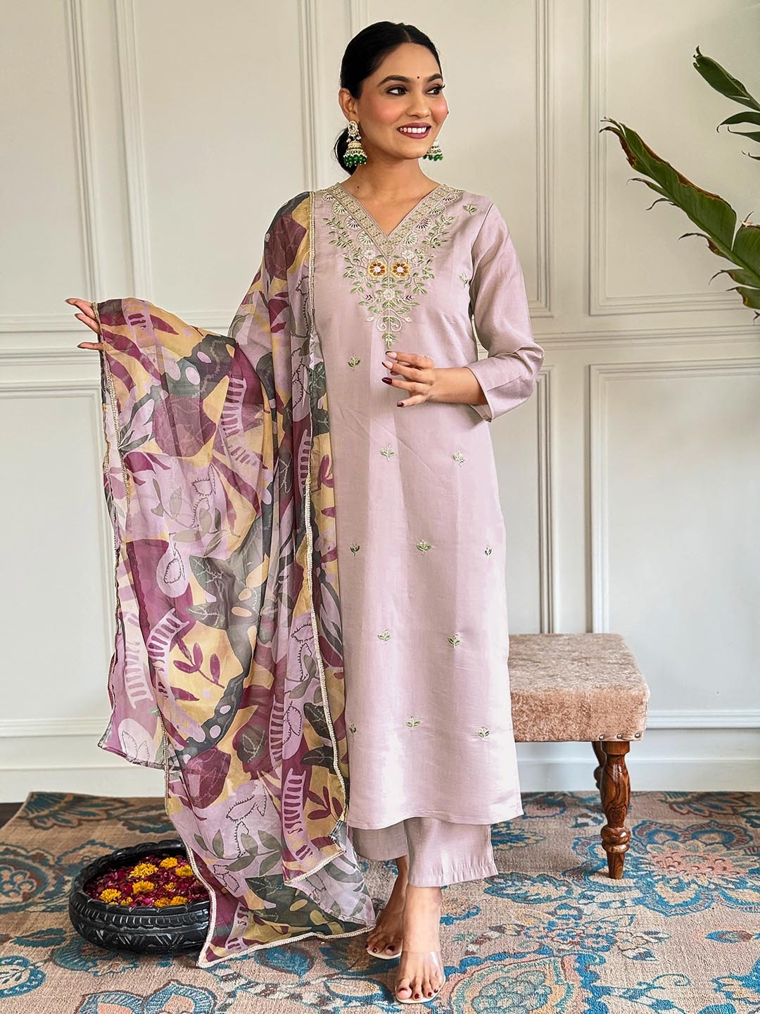 

KALINI Floral Embroidered V-Neck Thread Work Chanderi Silk Kurta With Trousers And Dupatta, Pink