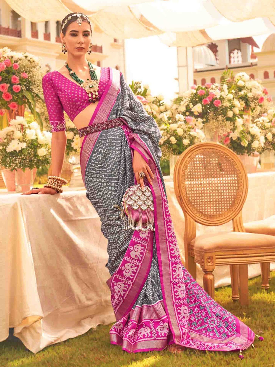 

Blissta Woven Design Silk Blend Patola Saree, Grey