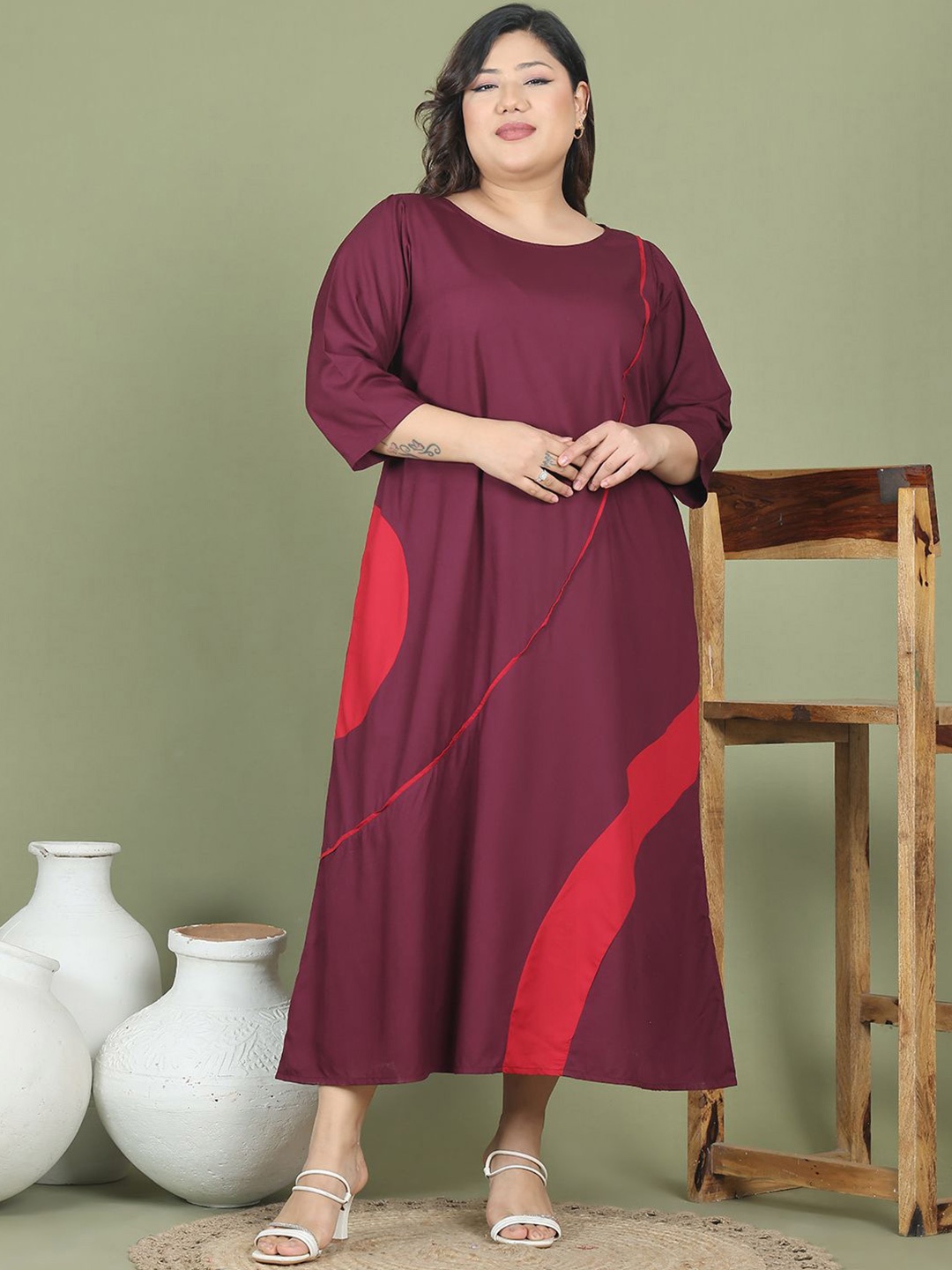 

theRebelinme Plus Size Colourblocked A-Line Midi Dress, Burgundy