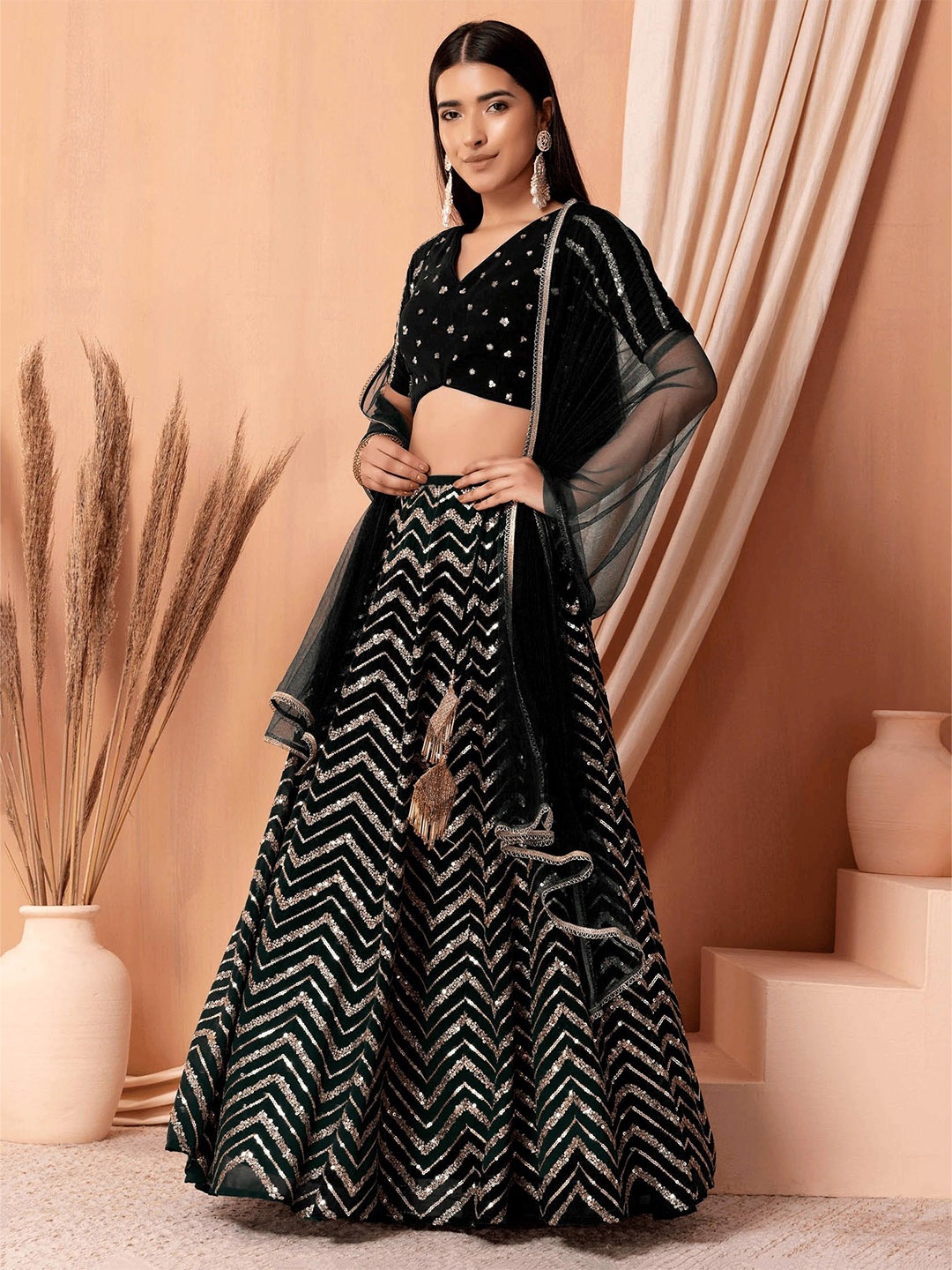 

FABPIXEL Embroidered Sequinned Semi-Stitched Lehenga & Unstitched Blouse With Dupatta, Black