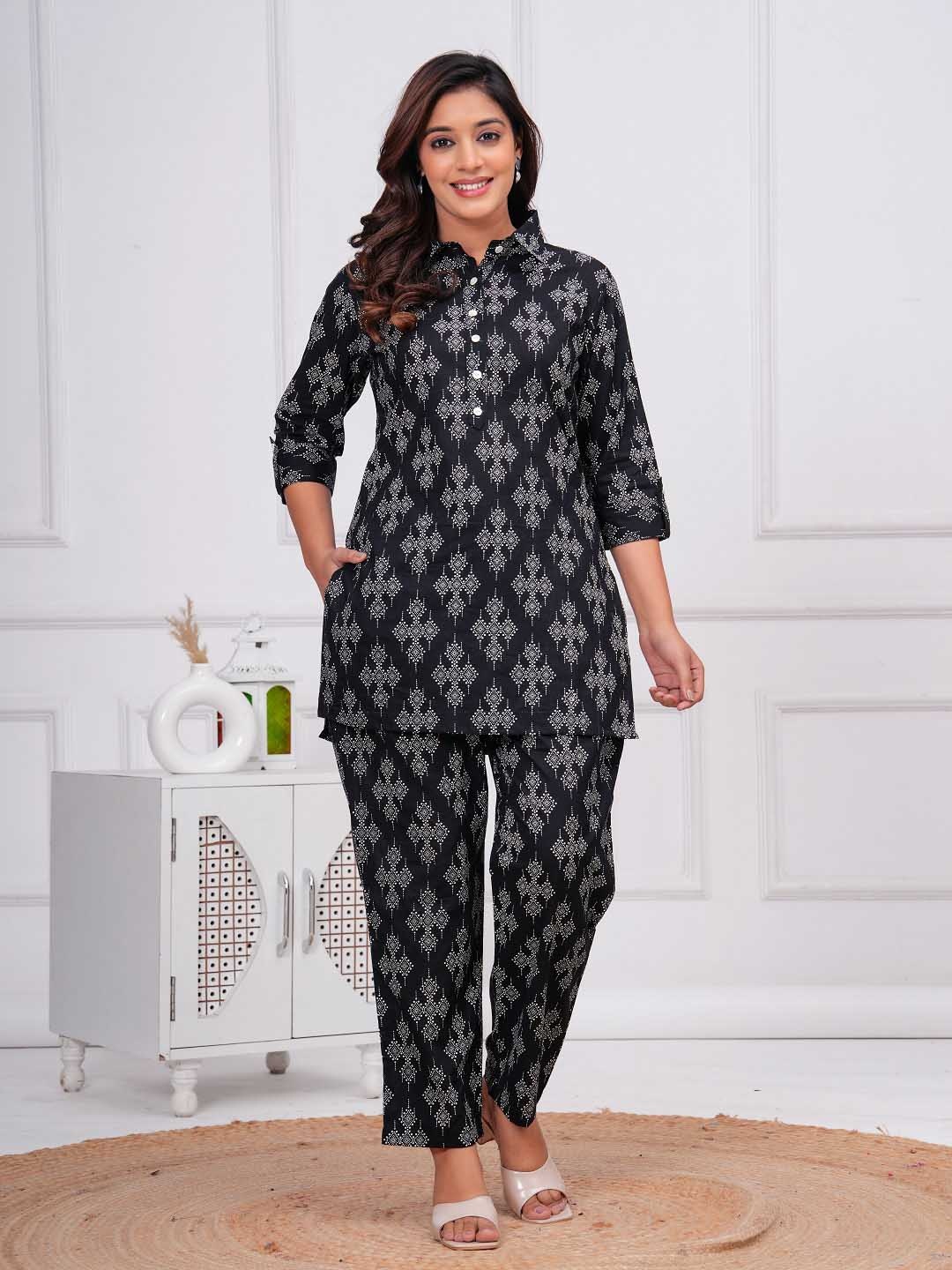 

Nevisha Style Ethnic Motifs Printed Shirt Collar Pure Cotton Tunic And Trousers, Black