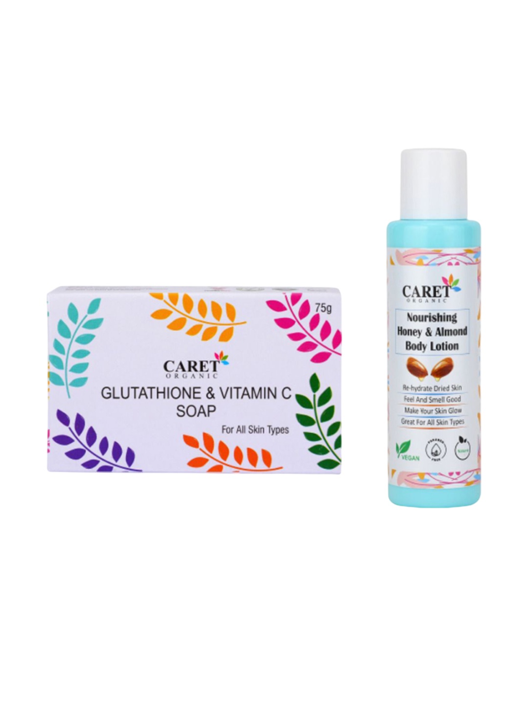 

CARET ORGANIC Set Of 2 Vitamin C Glutathione Soap - 75 g & Almond Body Lotion - 100 ml, White