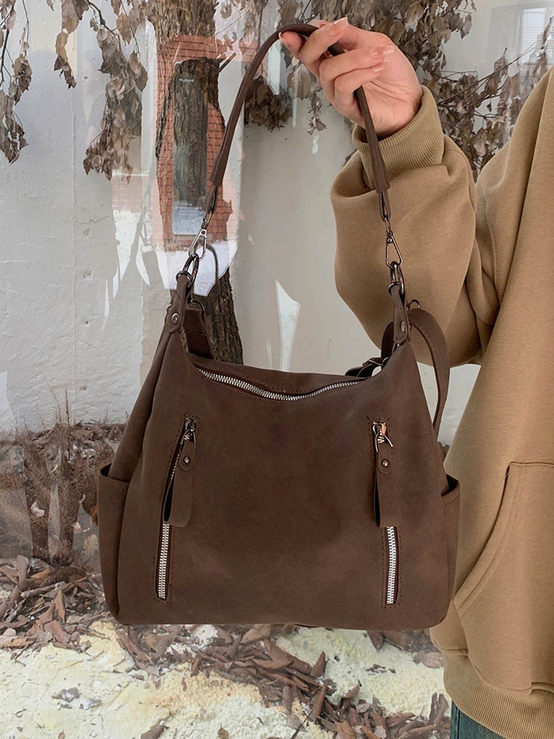 

StyleCast Bucket Shoulder Bag with Cut Work, Brown