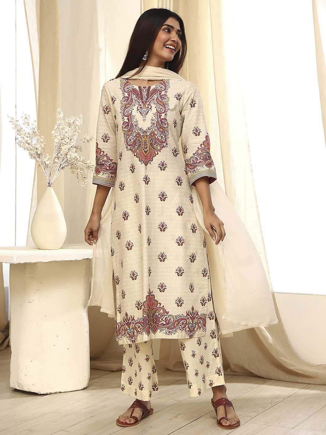 

Biba Women Floral Printed Regular Pure Cotton Kurta with Palazzos & With Dupatta, Beige