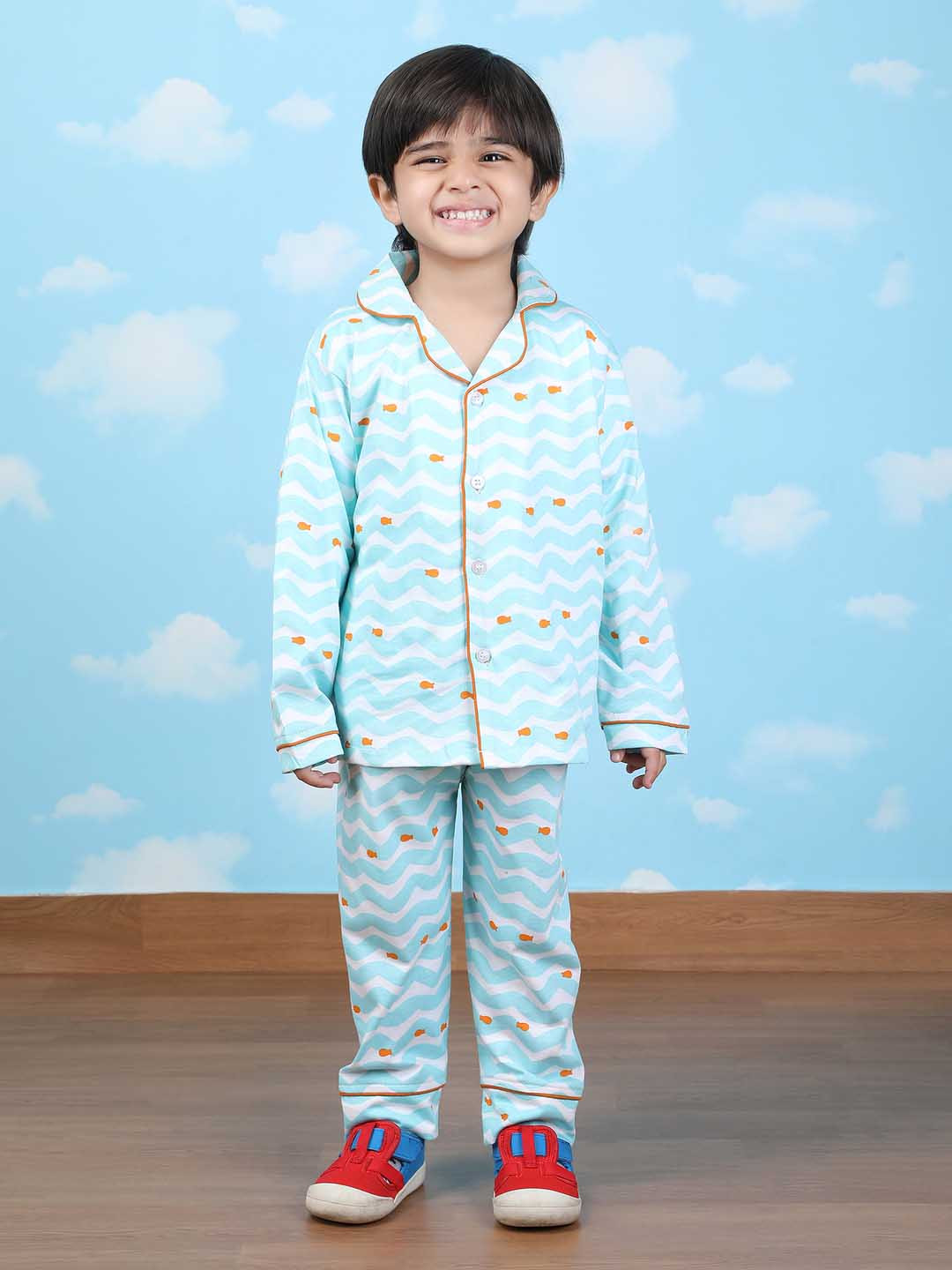 

Polka Tots Kids Printed Pure Cotton Night suit, Blue