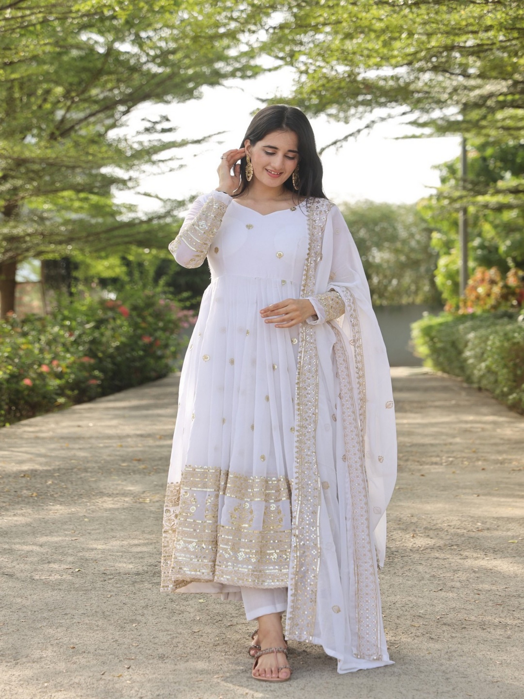 

ZEEPKART Women Ethnic Motifs Embroidered Empire Sequinned Kurta with Dhoti Pants & With Dupatta, White