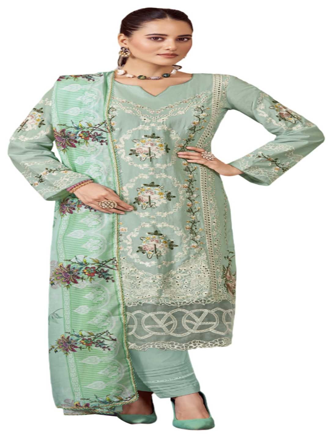 

DRAVINAM Floral Embroidered Pure Cotton Unstitched Dress Material, Green