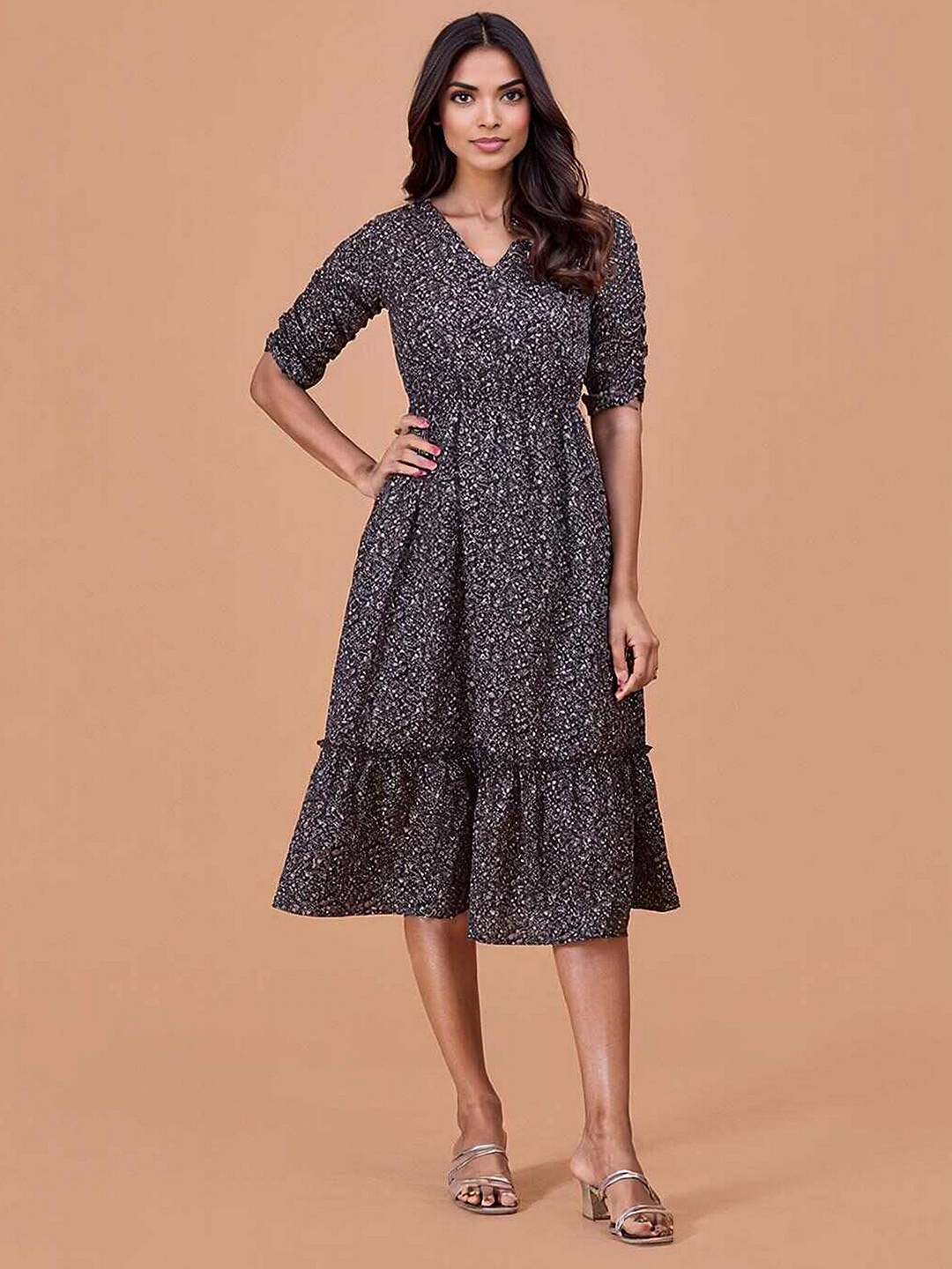 

DressBerry Floral Print Fit & Flare Midi Dress, Black