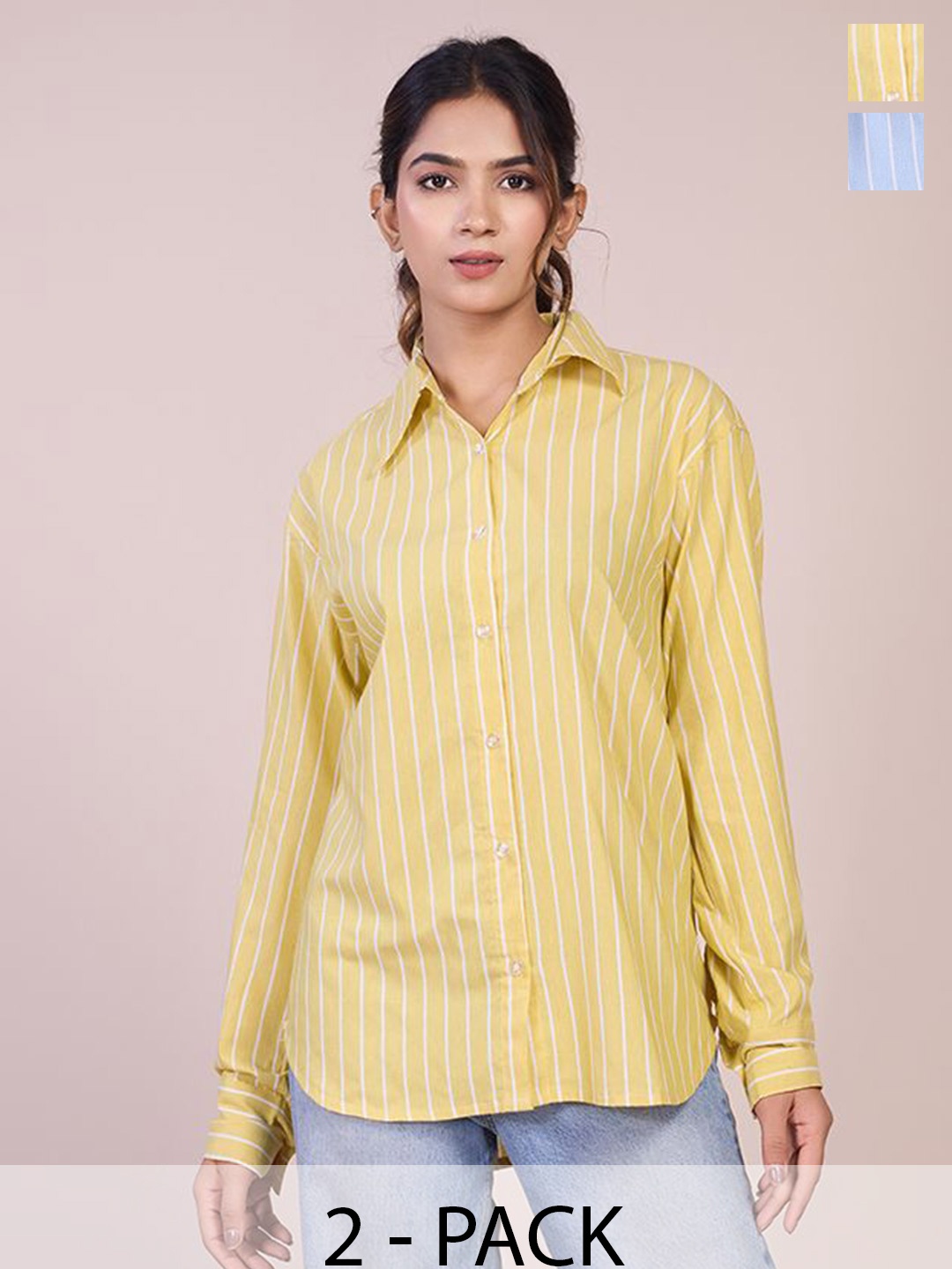 

HOUSE OF MIRA Women Pack Of 2 Classic Oversized Fit Vertical Striped Cotton Casual Shirts, Yellow