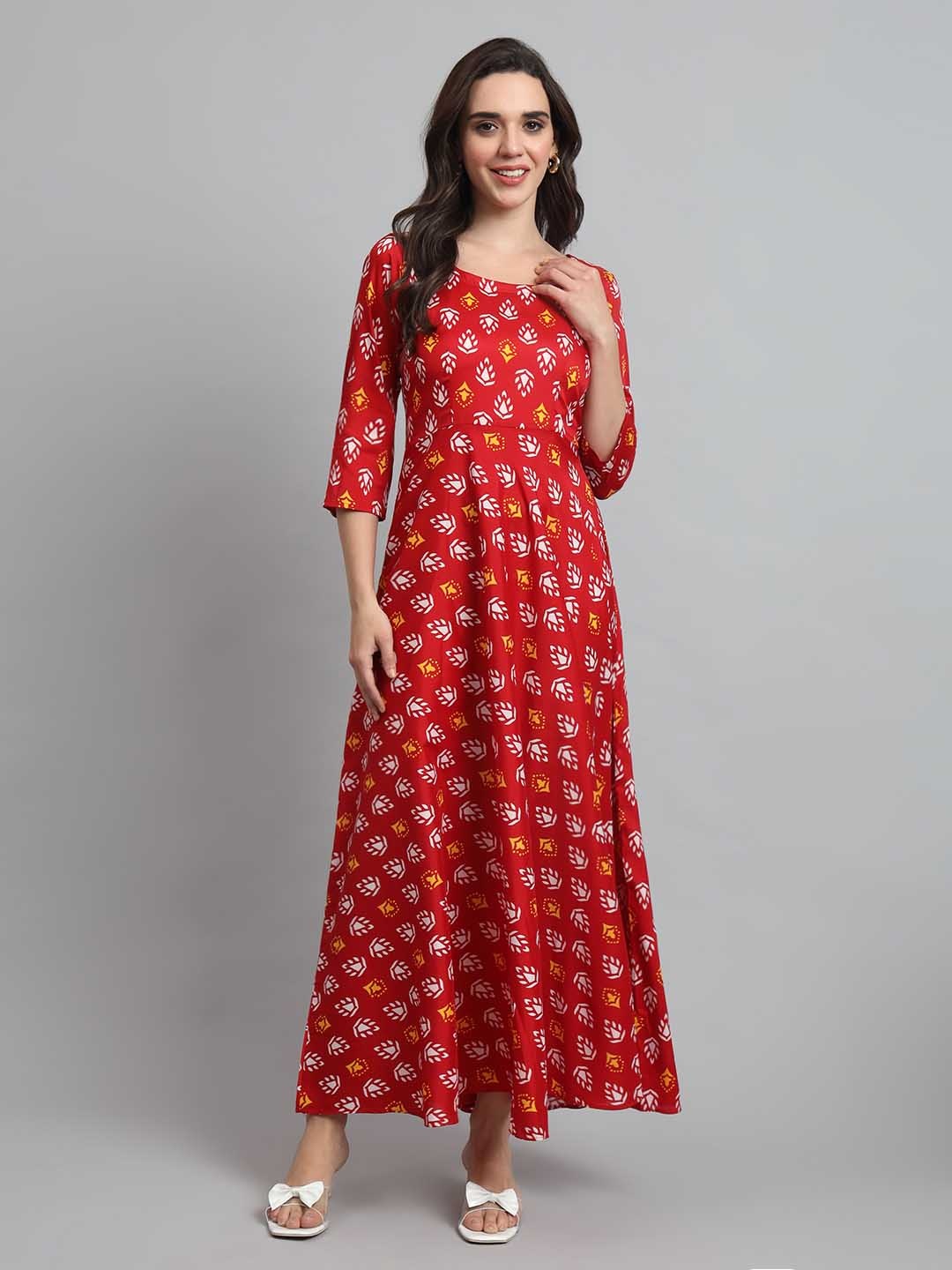 

DHAKRE FASHION Women Geometric Printed Cherry Red Satin Anarkali Kurta