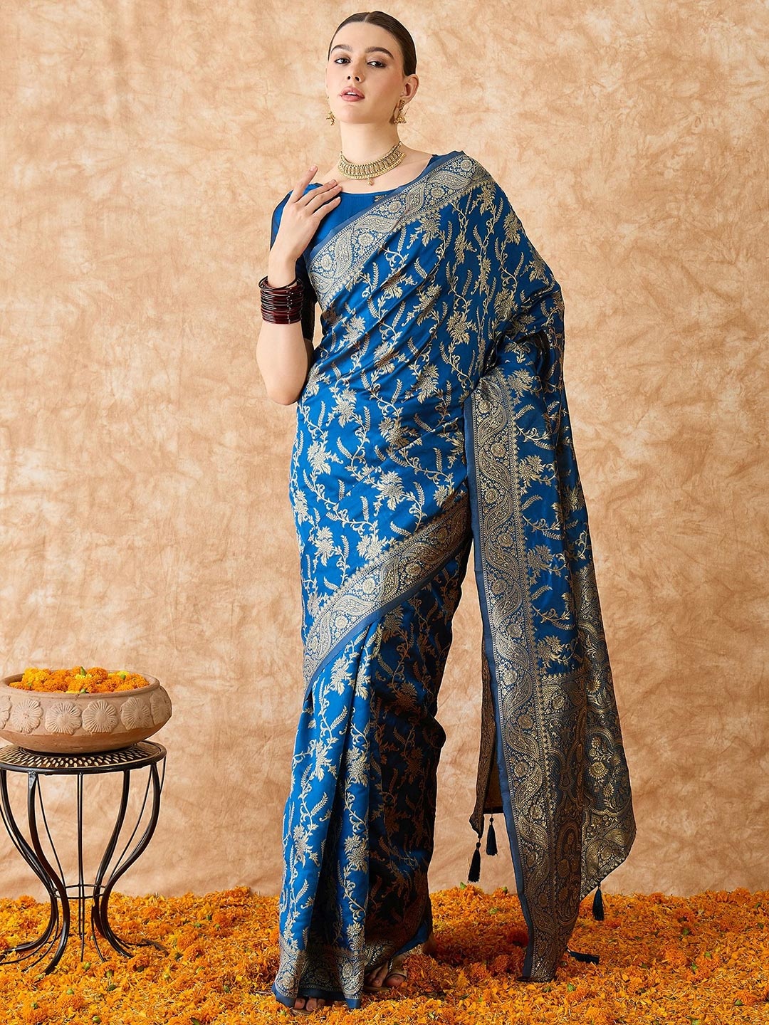 

MANVAA Woven Design Zari Silk Blend Banarasi Saree, Blue