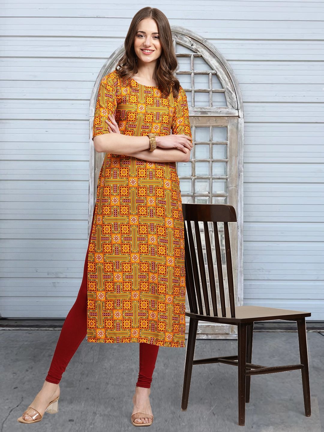 

Moda Rapido Ethnic Motifs Printed Round Neck Straight Kurta, Mustard