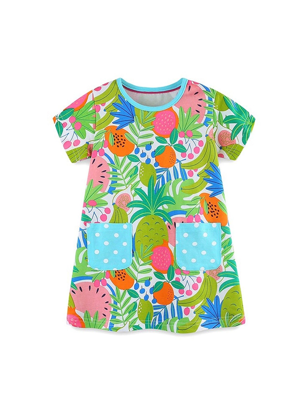 

LULU & SKY Girls Tropical Printed Cotton A-Line Dress With Pocket Detailing, Green