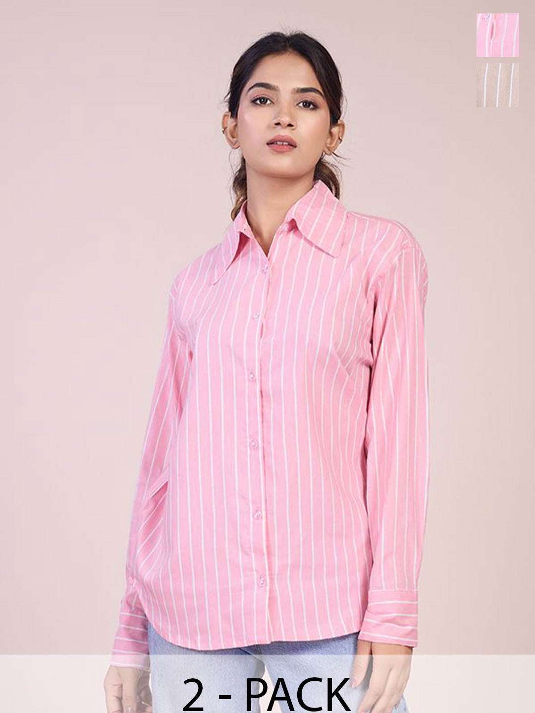 

HOUSE OF MIRA Women Pack Of 2 Classic Oversized Fit Vertical Striped Cotton Casual Shirts, Pink