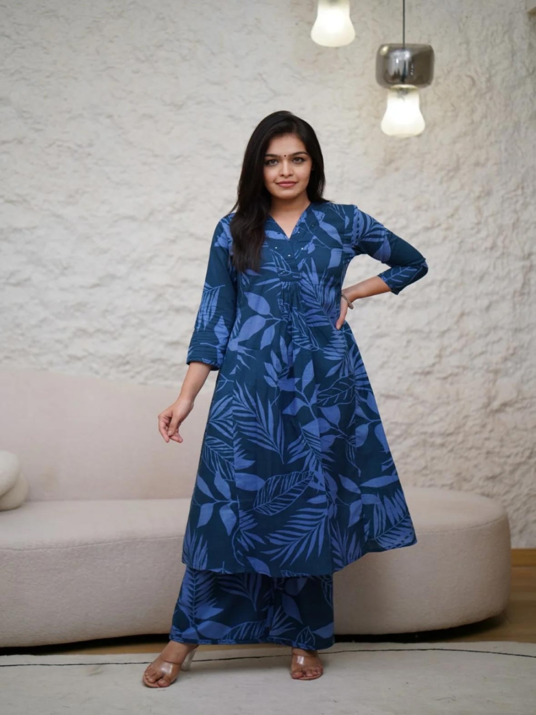 

ETHNIC VILLAA Floral Printed V-Neck Mirror Work A-Line Kurta With Palazzos, Blue