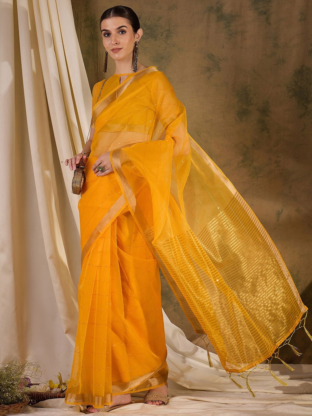 

Mitera Striped Sequinned Organza Saree, Yellow