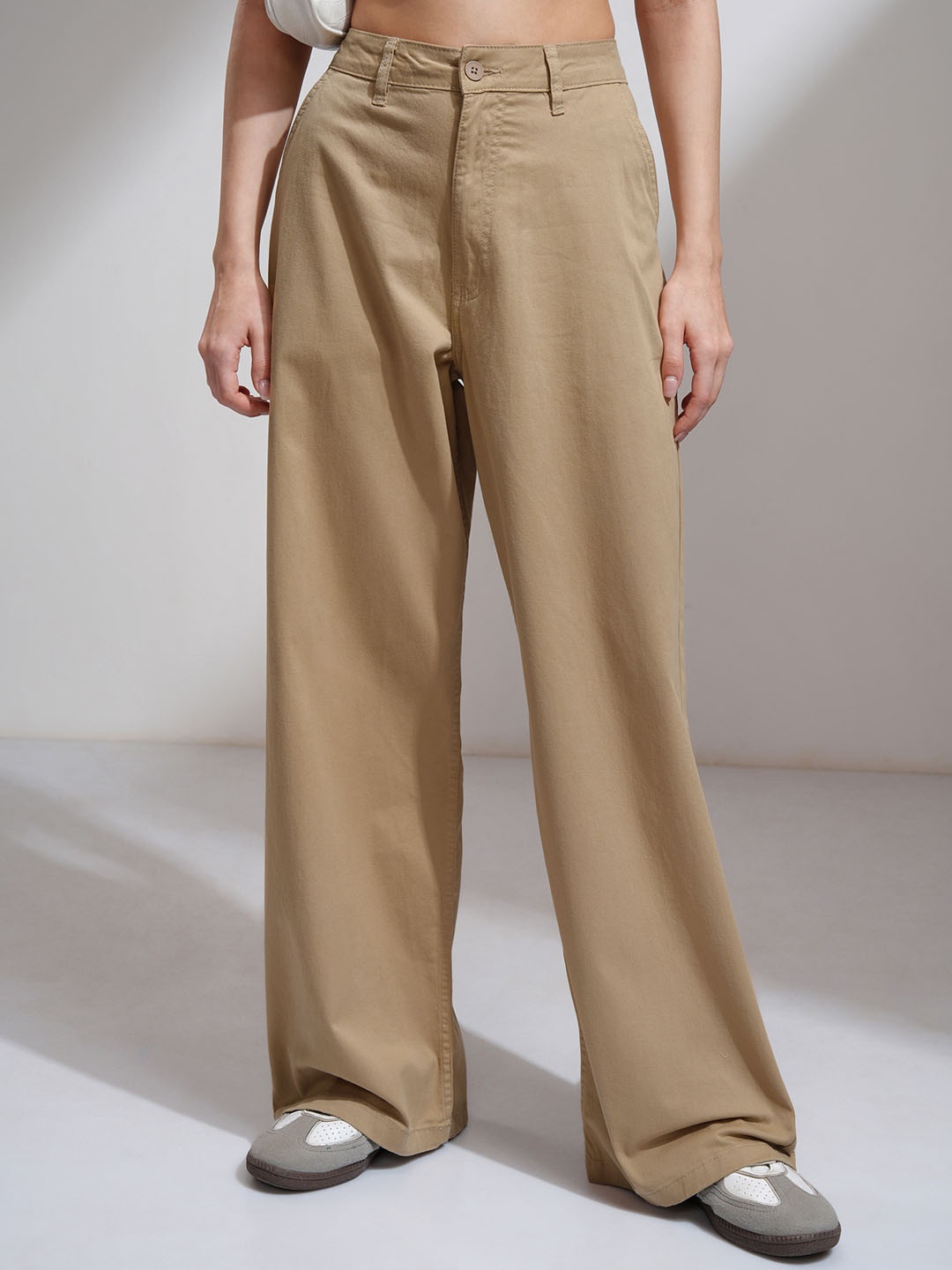

Street By Tokyo Talkies Women Regular Fit Mid-Rise Cotton Wide Leg Trouser, Brown