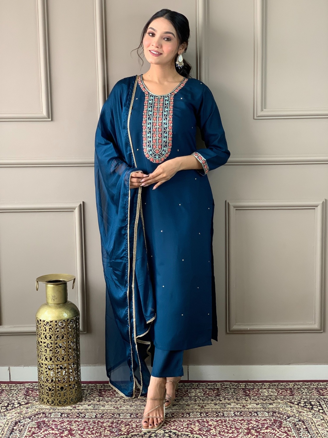 

KALINI Women Embroidered Regular Thread Work Chanderi Silk Kurta with Trousers & With Dupatta, Blue