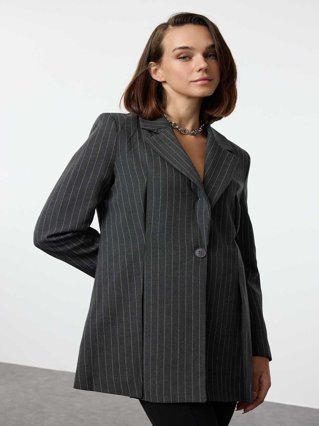 

Trendyol Women Lapel Collar Striped Casual Tailored Jacket, Charcoal