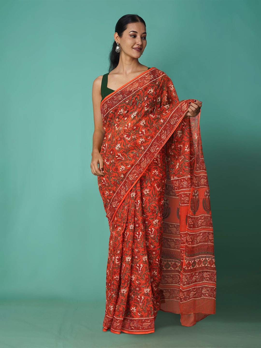 

Unnati Silks Floral Printed Net Handloom Kota Saree, Orange