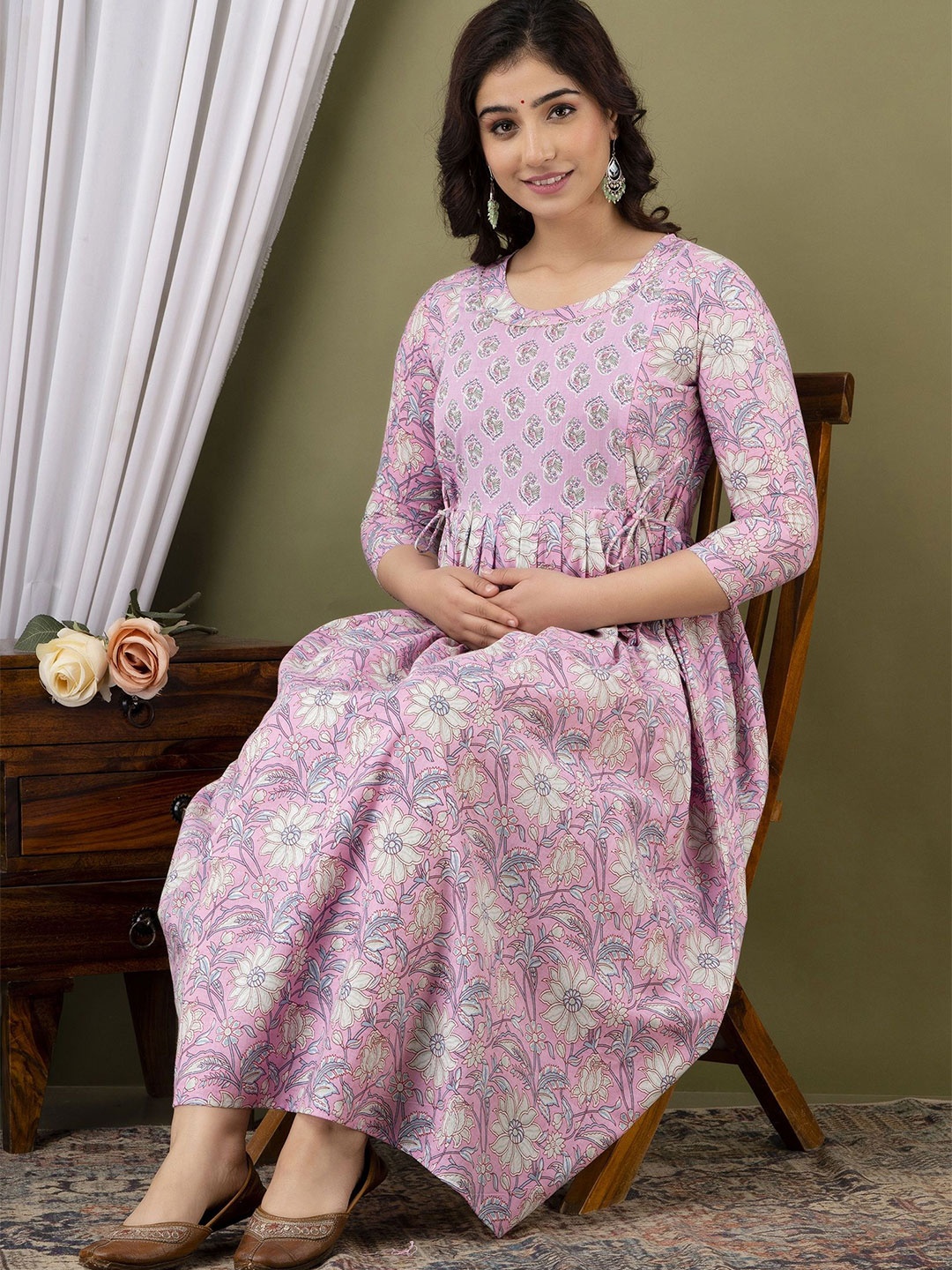 

Tulsiram Women Floral Printed Cotton Maternity Ethnic Dress, Pink