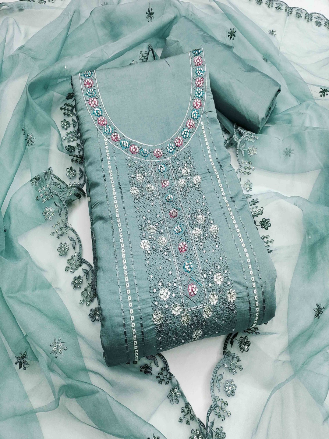 

Maroosh Embroidered Unstitched Dress Material, Sea green