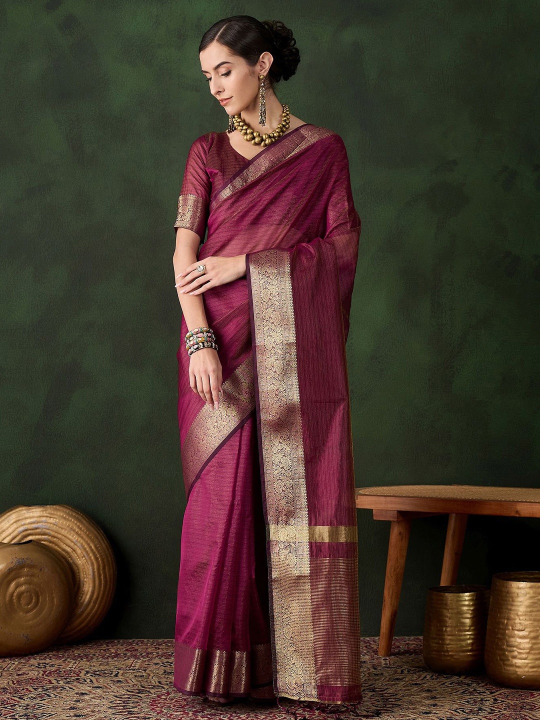 

Mitera Striped Zari Organza Kanjeevaram Saree, Magenta