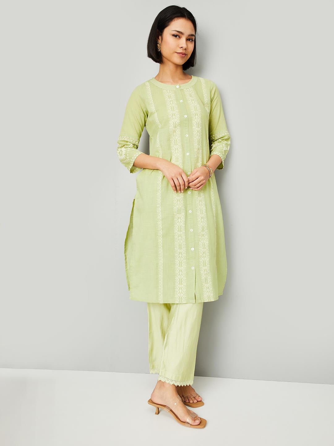 

max Ethnic Motifs Printed Thread Work Round Neck Pure Cotton A-Line Kurta, Green