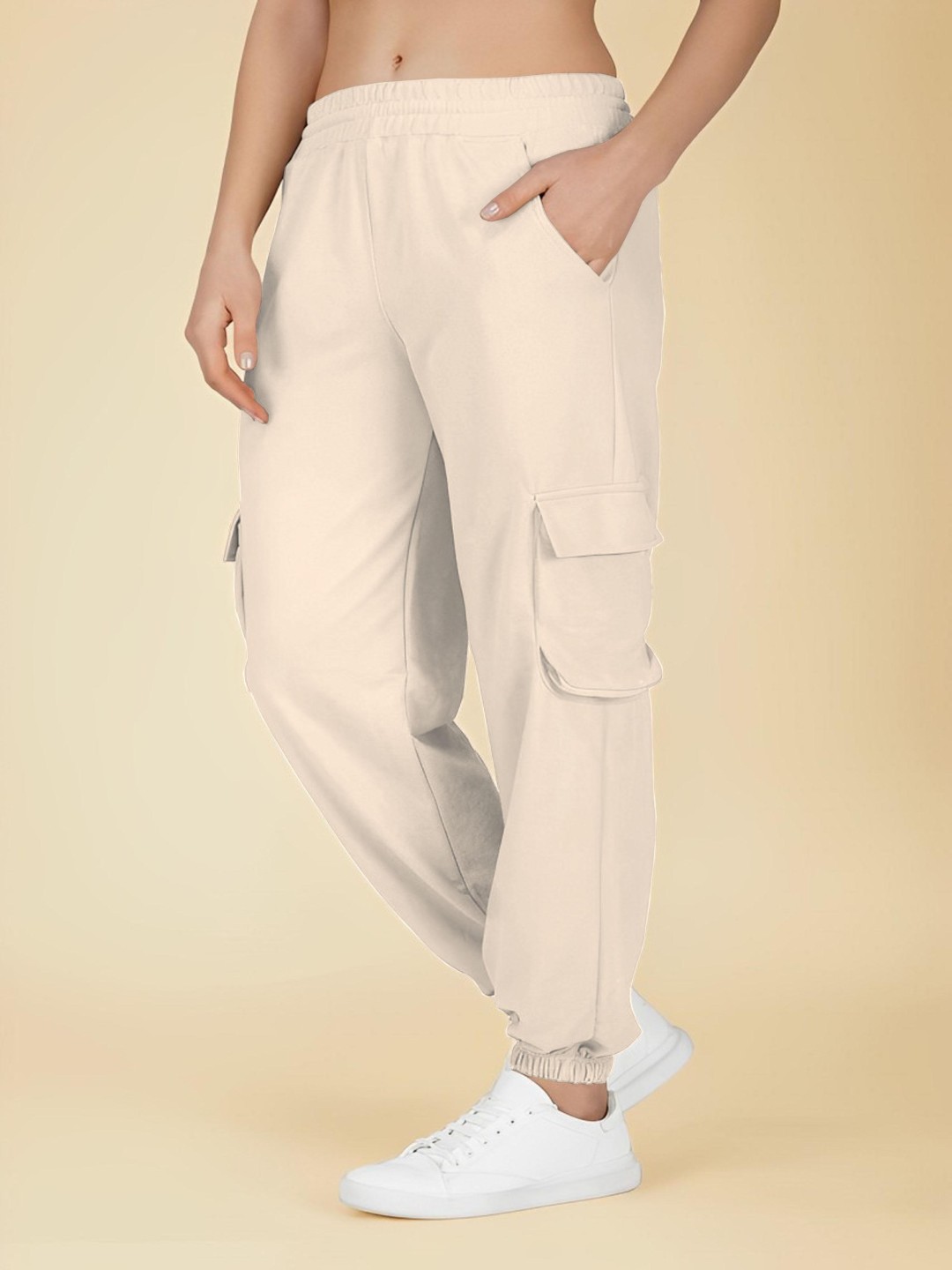 

Kushi Flyer Women Cotton Solid Cargos Trousers, Cream