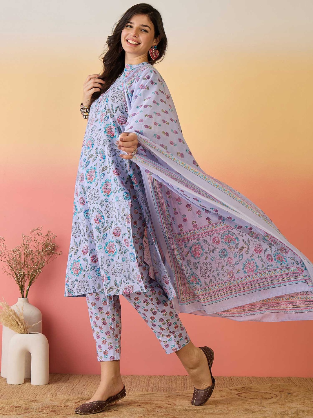 

Sangria Lavender Ethnic Motifs printed Pure Cotton A-Line Kurta With Trousers And Dupatta