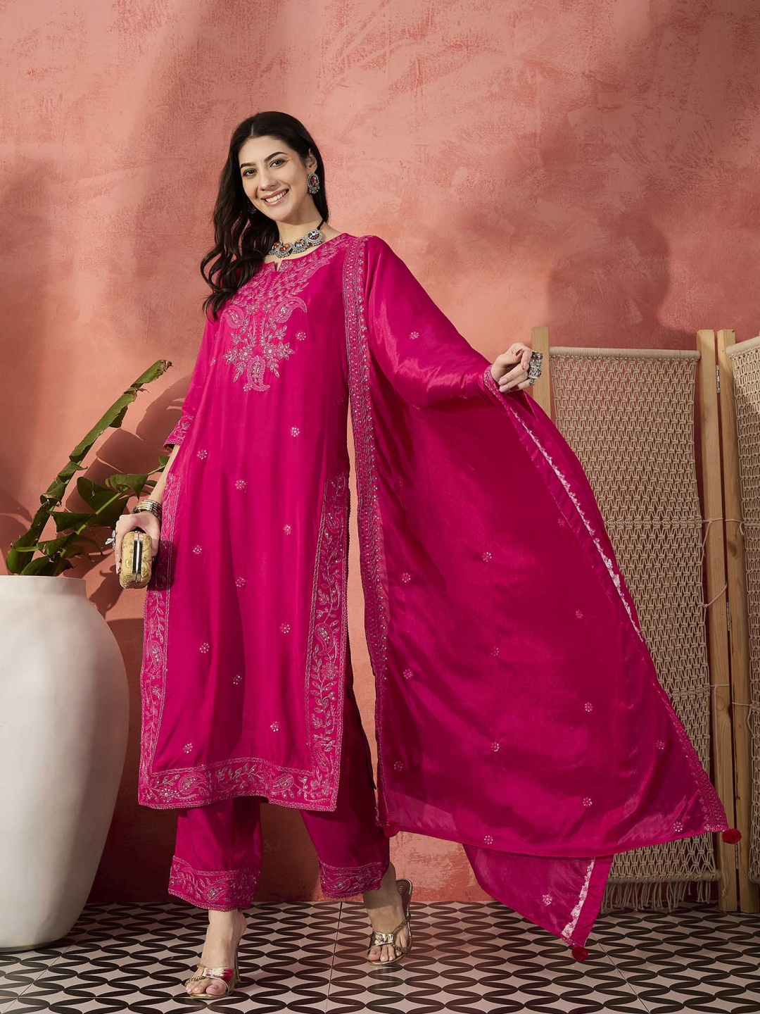 

Ramas Floral Embroidered Sequinned Straight Kurta With Palazzos & Dupatta, Pink