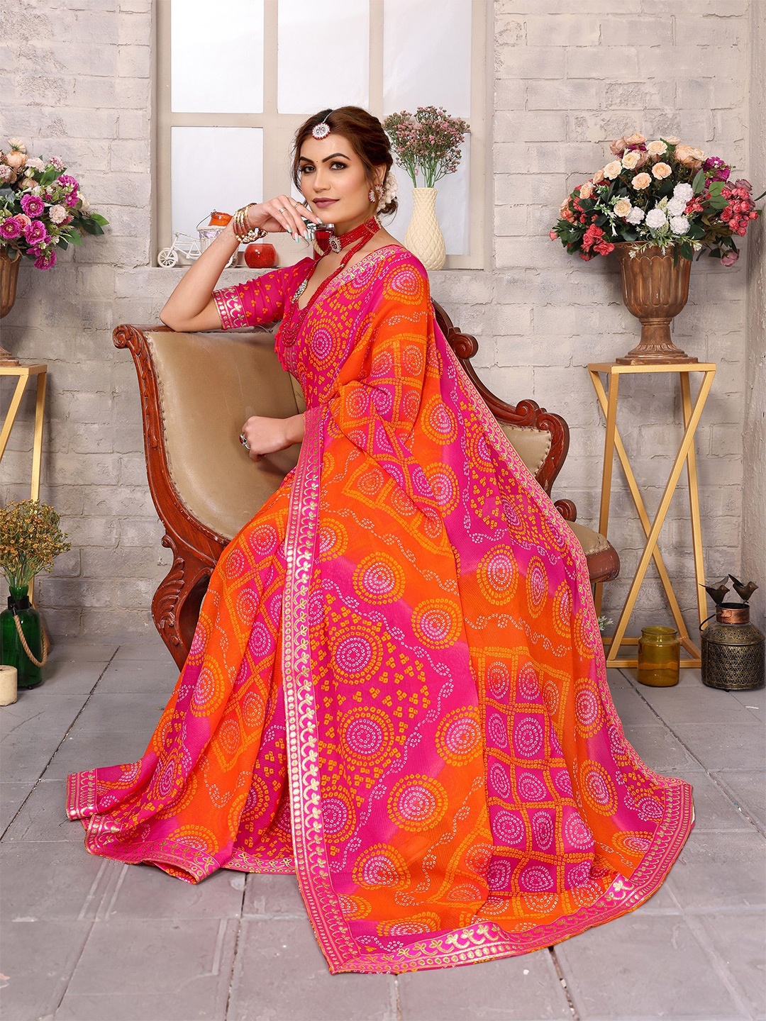 

ANIRAV Bandhani Ptinted Saree, Pink