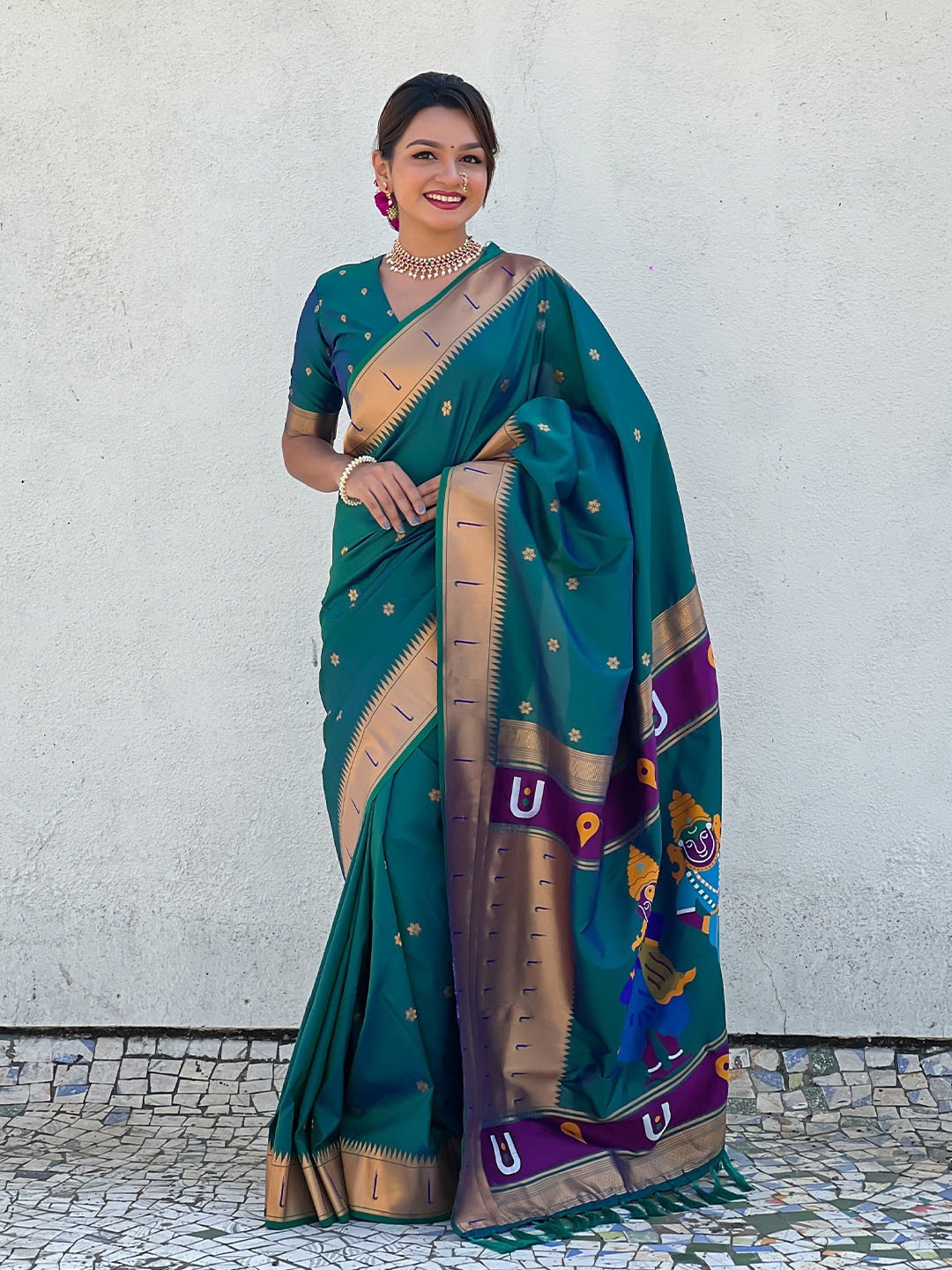 

Vintro Ethnic Motifs Zari Pure Silk Paithani Saree, Teal