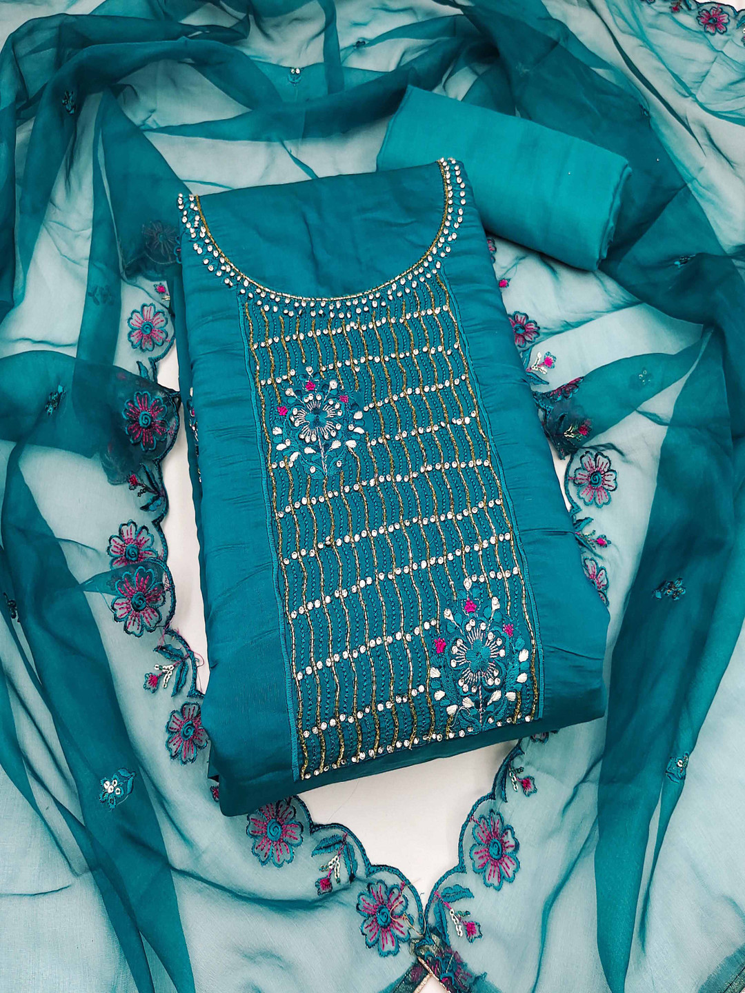 

HERE&NOW Embellished Unstitched Dress Material, Teal
