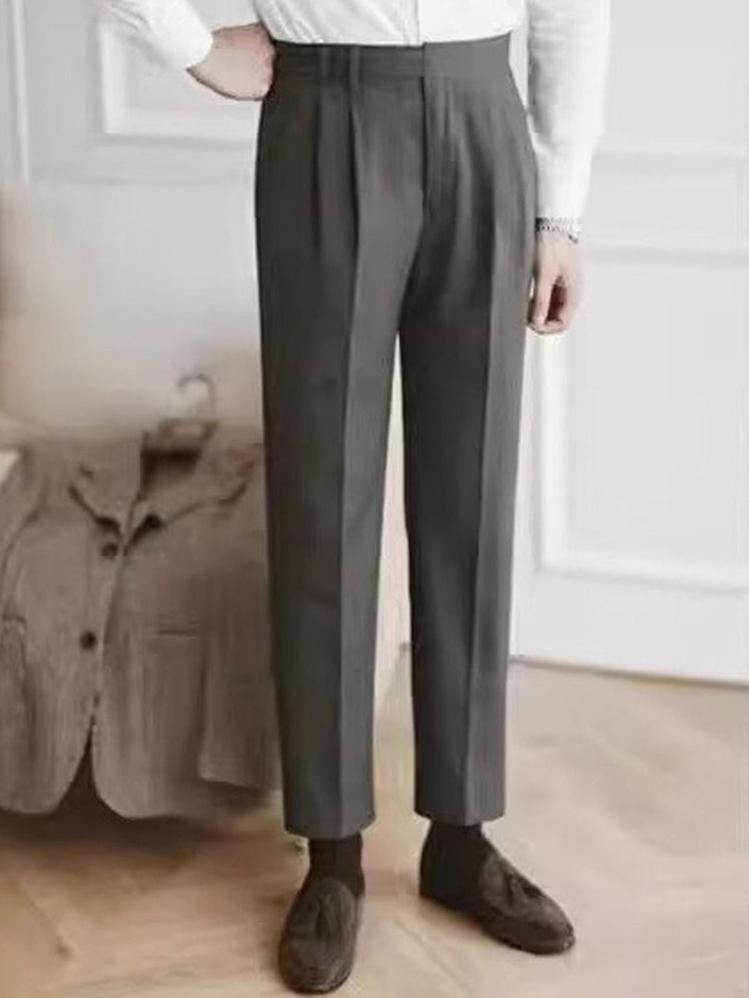 

StyleCast Men Cotton Slim Fit Pleated Cropped Formal Trousers, Grey