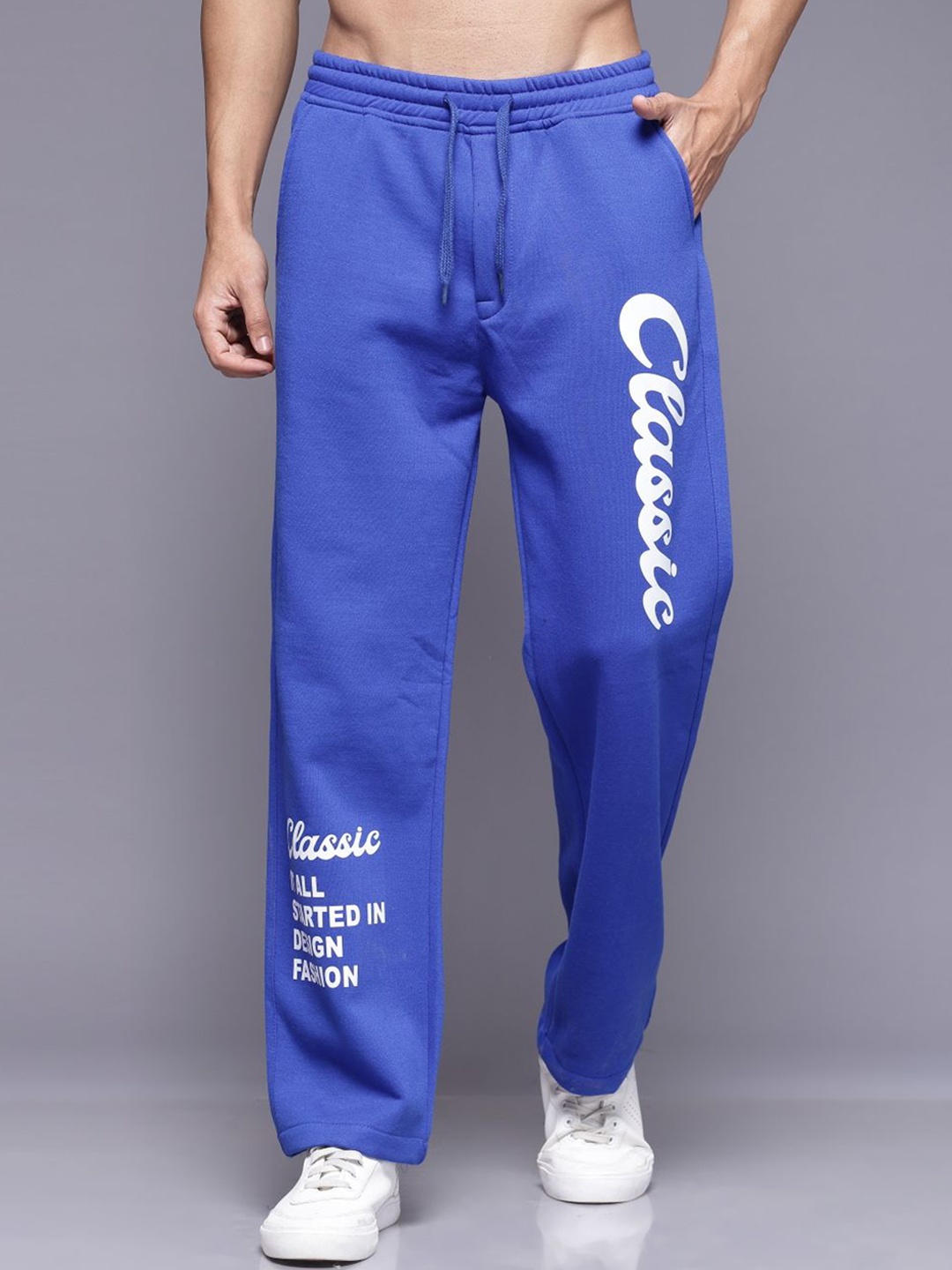 

FLYNOFF Men Relaxed Straight Leg Typography Printed Cotton Trouser, Blue