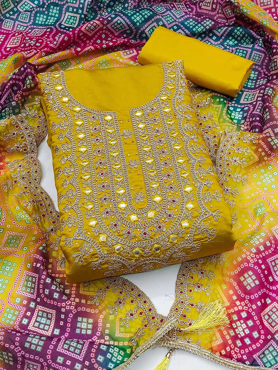 

Maroosh Embellished Unstitched Dress Material, Yellow