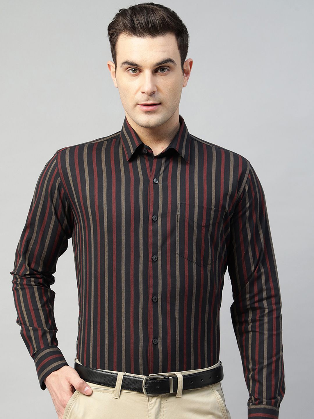 

Hancock Men Slim Fit Opaque Striped Formal Shirt, Black