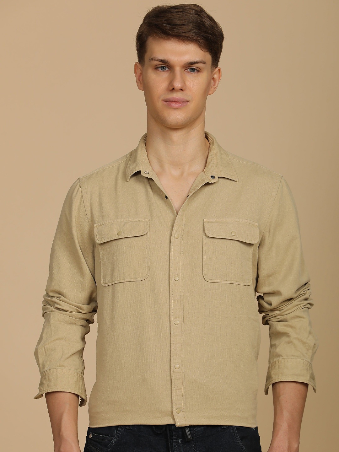 

POE Men Slim Fit Opaque Casual Shirt, Beige