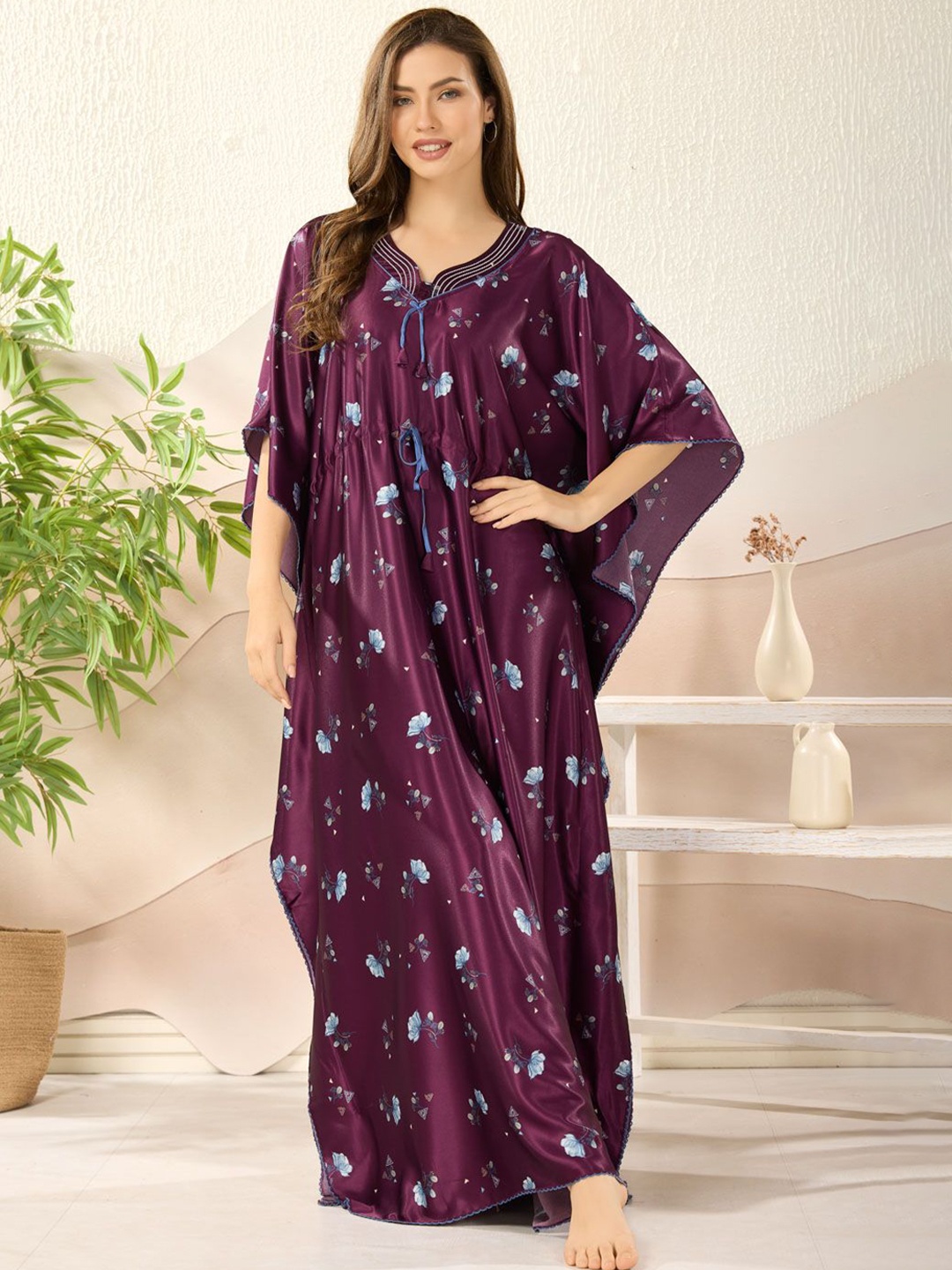 

Soulemo Women Satin V-Neck Floral Printed Maxi Nightdress, Purple