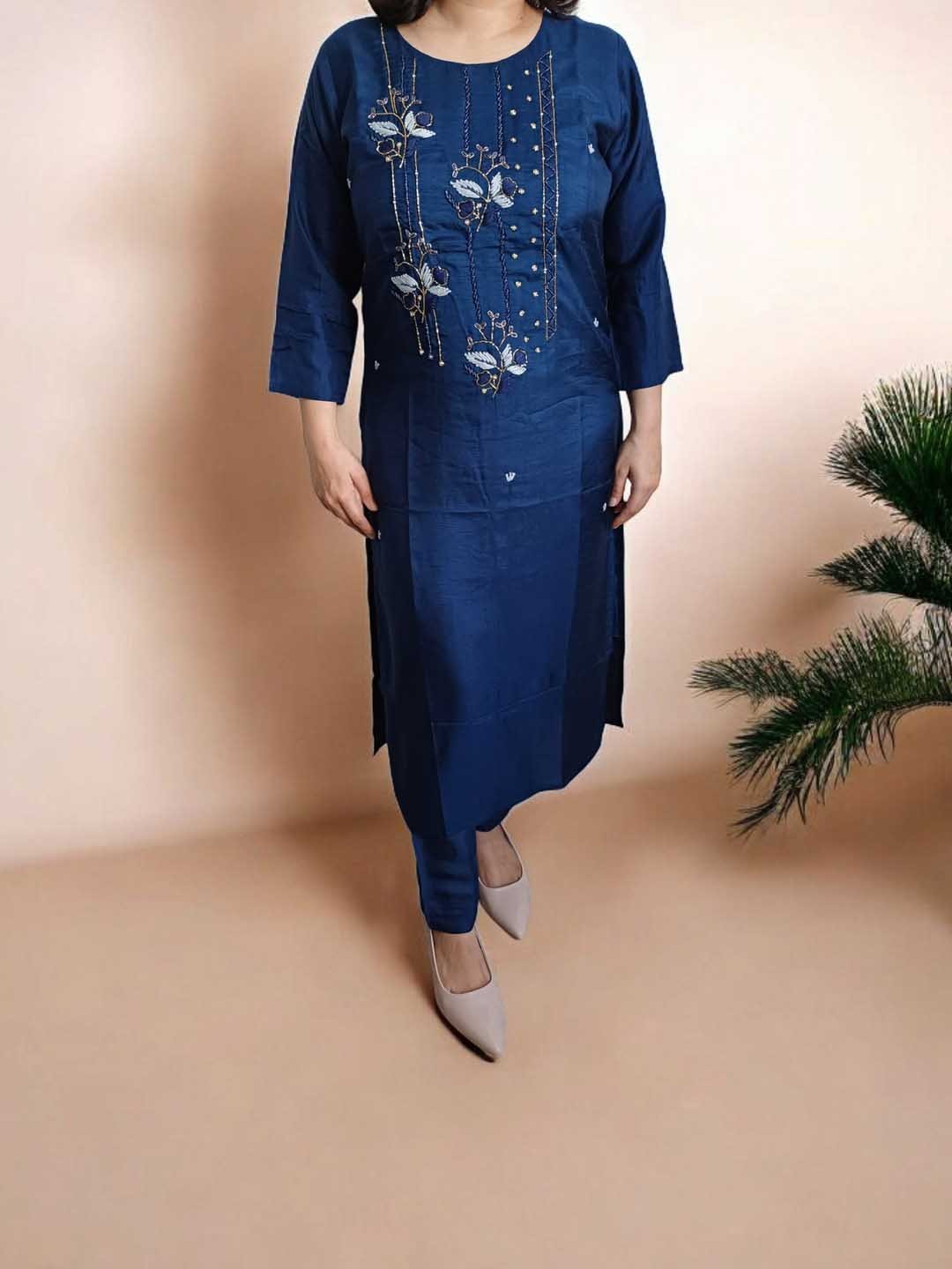 

Nadora Fashions Women Embroidered Regular Kurta with Pyjamas, Navy blue