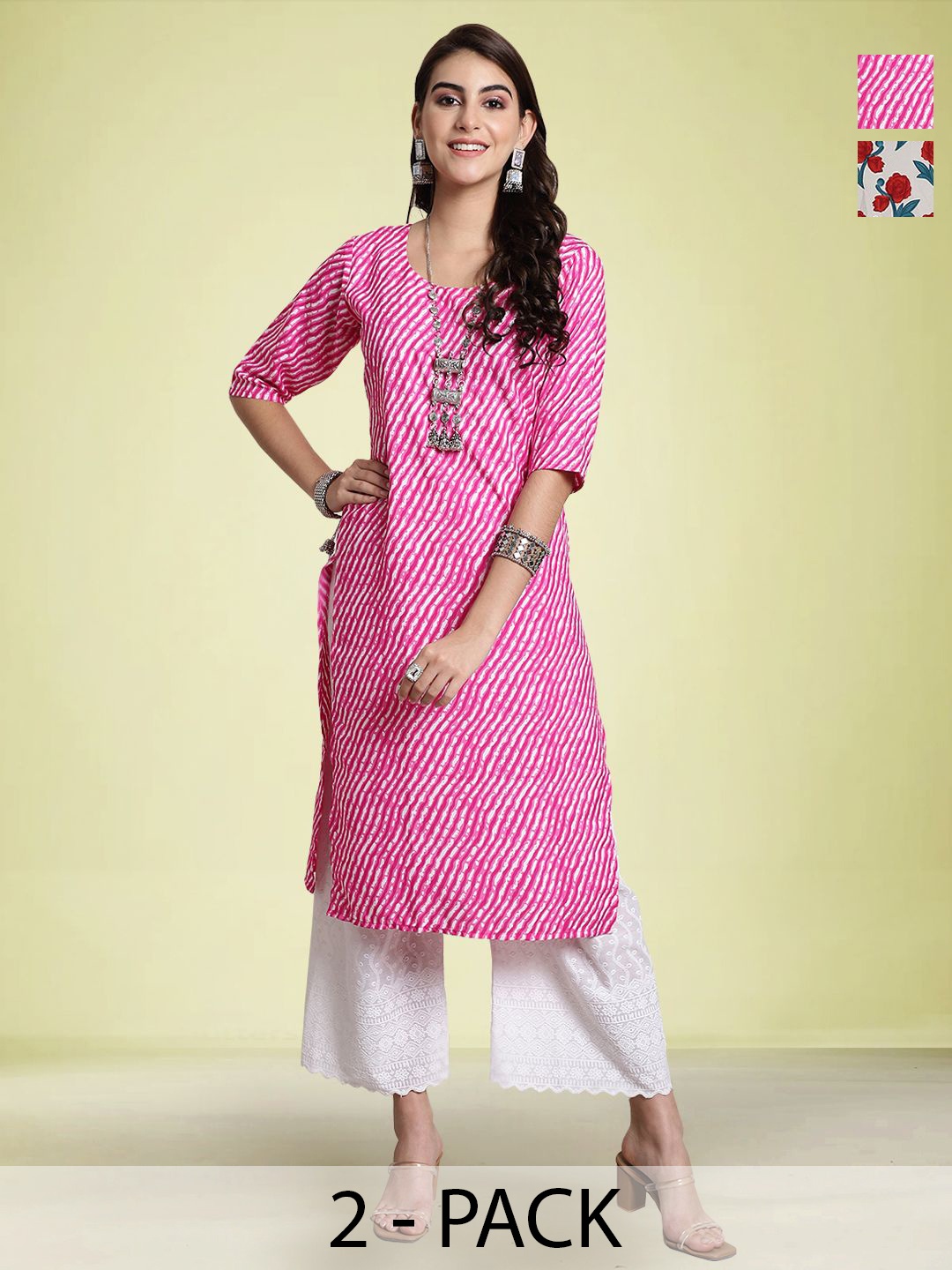 

Moda Rapido Selection Of 2 Leheriya Printed Round Neck Straight Kurtas, Pink
