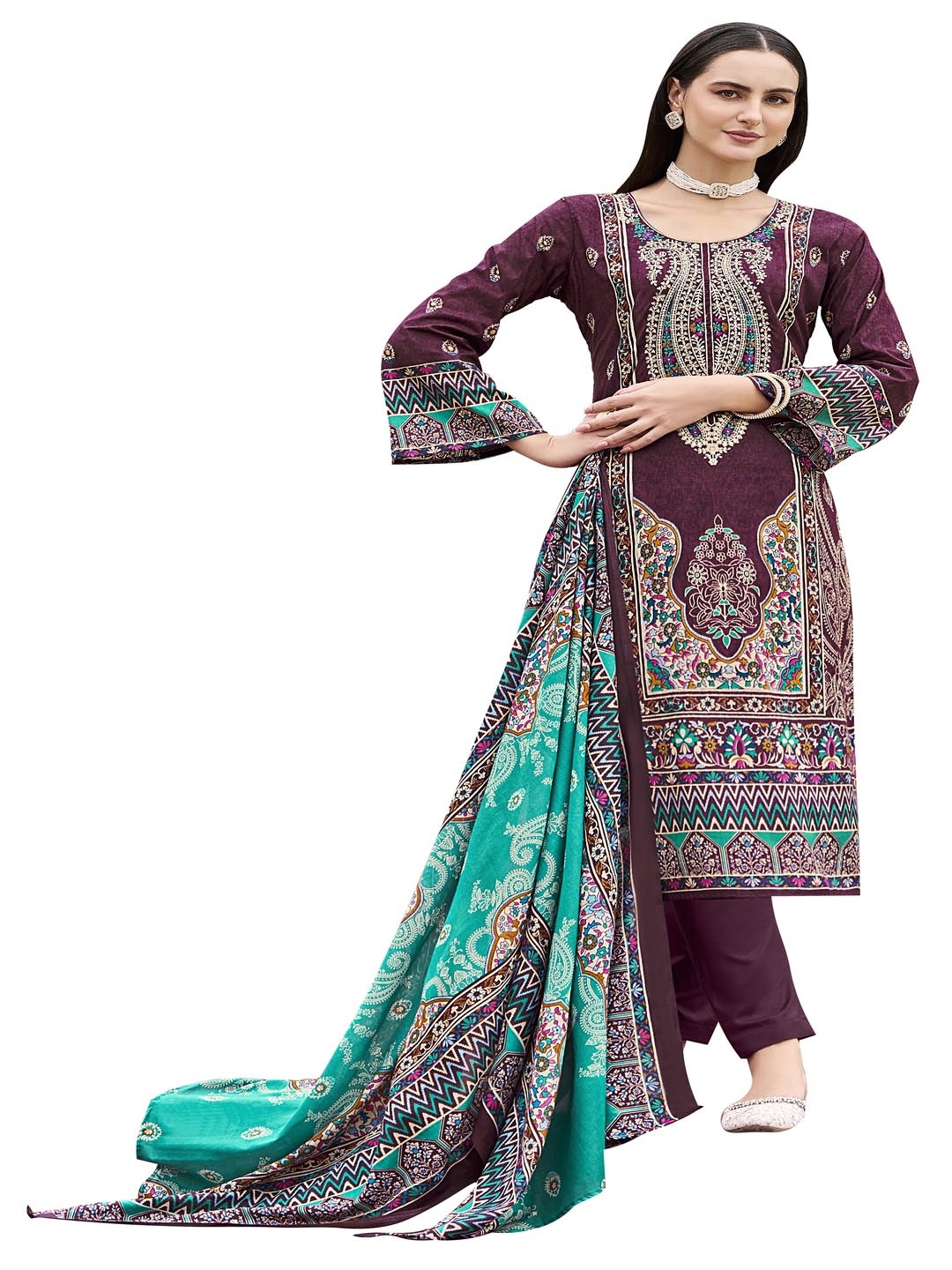 

DRAVINAM Trends Paisley Embroidered Pure Cotton Unstitched Dress Material, Burgundy