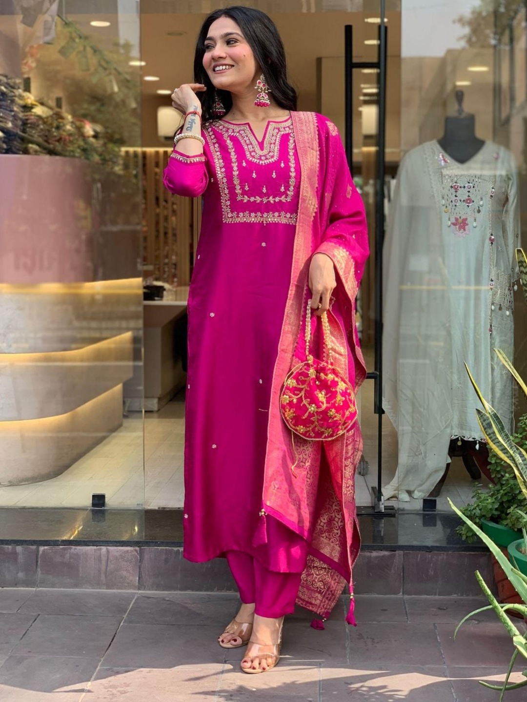

KALINI Women Embroidered Regular Kurta with Trousers & With Dupatta, Pink